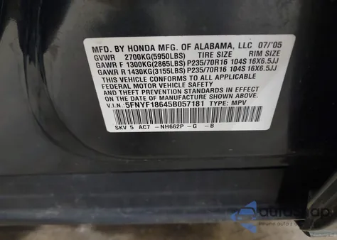 2005 Honda Pilot Ex-L z USA, uszkodzony, nr VIN 5FNYF18645B057181